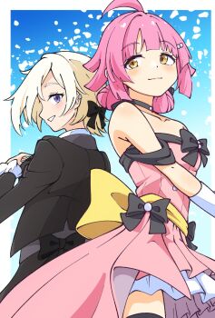 2girls ahoge back-to-back bare_shoulders black_bow black_jacket black_thighhighs blonde_hair blue_background border bow breasts commentary cowboy_shot double_bun dress dress_bow frilled_dress frills grin hair_bow hair_bun highres jacket kishimen_hair like_a_treasure_(love_live!) long_sleeves love_live! love_live!_nijigasaki_high_school_idol_club love_live!_nijigasaki_high_school_idol_club_the_movie_-_finale medium_hair mia_taylor multiple_girls off-shoulder_dress off_shoulder official_alternate_costume outside_border pink_dress profile purple_eyes short_dress sideways_mouth small_breasts smile stay_(love_live!) symbol-only_commentary tennoji_rina thighhighs thio_lovelive very_low_bun white_border