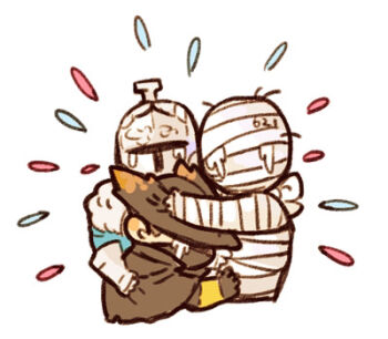 1boy 2others 621_(armored_core_vi) ambiguous_gender armored_core armored_core_vi:_fires_of_rubicon bandaged_head bandages bearer_of_the_curse black_gloves black_hat bloodborne chibi chibi_only commentary crying dark_souls_(series) dark_souls_ii gloves hat helm helmet hug hunter_(bloodborne) kanon_(rsl) lowres multiple_others simple_background upper_body white_background
