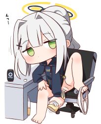 Rule 34 | 1girl, barefoot, black hoodie, blue archive, blush, bottle, can, chair, chibi, closed mouth, clothes writing, cork, desk, drawstring, energy drink, full body, green eyes, grey hair, hair intakes, hair ornament, halo, hana kazari, hare (blue archive), highres, holding, holding bottle, hood, hood down, hoodie, long hair, long sleeves, looking at viewer, office chair, on chair, panties, panties around leg, pee in container, peeing, peeing in bottle, ponytail, puffy long sleeves, puffy sleeves, pussy, simple background, sleeves past wrists, solo, swivel chair, translation request, uncensored, underwear, white background, white panties
