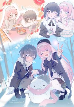 2girls absurdres bang_dream! bang_dream!_it's_mygo!!!!! blush brown_eyes brown_skirt chihaya_anon chinese_commentary closed_eyes commentary_request commission fang food fruit gloves grey_gloves grey_hair hairband highres long_hair mandarin_orange multiple_girls open_mouth pink_hair pink_scarf scarf short_hair simoco skirt sleeping snowman squatting sweater takamatsu_tomori thighhighs v white_hairband white_sweater white_thighhighs winter_clothes