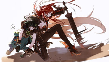 1boy 1girl absurdres black_bodysuit black_gloves black_hair black_jacket black_shirt bodysuit bracelet breasts carrying carrying_person carrying_under_arm cleavage commentary_request earrings full_body genshin_impact gloves greatsword green_eyes green_gloves green_hair green_headband green_pants hair_between_eyes headband high_heels highres holding holding_sword holding_weapon if0208 jacket jewelry kinich_(genshin_impact) large_breasts long_hair mavuika_(genshin_impact) multicolored_gloves multicolored_hair orange_hair pants red_eyes red_hair shirt short_hair speech_bubble sun_earrings sweatdrop sword two-tone_gloves very_long_hair waster_greatsword_(genshin_impact) weapon white_background zipper