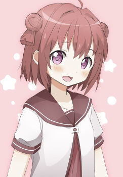 1girl :d ahoge akaza_akari brown_sailor_collar buttons commentary_request double_bun dress hair_bun highres komeko416 light_blush looking_at_viewer nanamori_school_uniform open_mouth pink_background purple_eyes red_dress red_hair sailor_collar sailor_shirt school_uniform shirt short_hair short_sleeves simple_background smile solo star_(symbol) twintails two_side_up upper_body yuruyuri