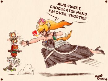 Rule 34 | 2girls, armlet, artist name, bare shoulders, blonde hair, bowsette, bracelet, breasts, breath weapon, breathing fire, chocodan (brown chocolate), chocodan (white chocolate), chocodan gochizo, cleavage, collar, commentary, commission, crown, dress, earrings, english commentary, english text, fangs, fire, gloves, grey hair, highres, horns, inkling, jewelry, kamen rider, kamen rider gavv (series), long hair, marie (splatoon), mario (series), marodraws, multiple girls, nintendo, object on head, open mouth, pantyhose, pointy ears, sharp teeth, short hair, speech bubble, spiked armlet, spiked bracelet, spiked collar, spiked shell, spiked tail, spikes, splatoon (series), super crown, tail, teeth, tentacle hair, turtle shell