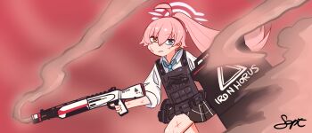 1girl absurdres ammunition ballistic_shield bare_legs black_skirt blue_archive blue_eyes blurry blurry_background bulletproof_vest checkered_clothes checkered_skirt commentary english_commentary gun hair_between_eyes halo highres holding holding_gun holding_shield holding_weapon hoshino_(armed)_(blue_archive) hoshino_(blue_archive) long_hair miniskirt necktie pink_hair pink_halo ponytail red_background septentrio shield shirt shotgun skirt smoke solo very_long_hair weapon white_shirt yellow_eyes