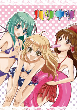 3girls bad_id bad_pixiv_id bikini blonde_hair breasts brown_eyes brown_hair cleavage female_focus flower food frilled_bikini frills green_eyes green_hair hakurei_reimu innertube kirisame_marisa kochiya_sanae medium_breasts multiple_girls polka_dot polka_dot_background polka_dot_bikini polka_dot_swimsuit popsicle purple_flower purple_rose red_bikini rose sakurai_makoto sakurai_makoto_(custom_size) short_hair small_breasts swim_ring swimsuit touhou yellow_eyes