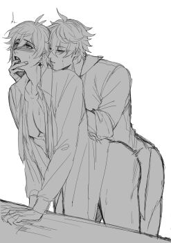 2boys absurdres anal blush finger_in_another's_mouth finger_to_mouth genshin_impact greyscale head_on_another's_shoulder highres monochrome multiple_boys open_clothes open_shirt sex sex_from_behind tartaglia_(genshin_impact) thrust_lines white_background yaoi zhaobxzf zhongli_(genshin_impact)