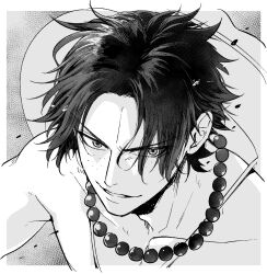 Rule 34 | 1boy, collarbone, commentary request, dust, freckles, greyscale, hair between eyes, hat, highres, jewelry, looking at viewer, male focus, monochrome, nakumonaga uma, necklace, one piece, parted lips, pearl necklace, portgas d. ace, short hair, solo, topless male, upper body