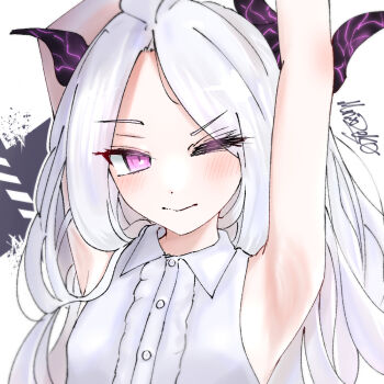 1girl ahoge armpit_focus armpits arms_up blue_archive blush breasts buttons collared_shirt commentary_request demon_girl demon_horns hina_(blue_archive) horns long_hair looking_at_viewer mnx2ek0 one_eye_closed presenting_armpit purple_eyes shirt sleeveless sleeveless_shirt small_breasts solo white_hair white_shirt