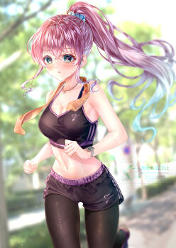 1girl absurdres armpit_peek black_pantyhose black_shorts black_sports_bra blue_scrunchie blurry blurry_background blush breasts cleavage clenched_hands commentary_request crossed_bangs day depth_of_field exercising eyelashes floating_hair foot_up grey_eyes hair_between_eyes highres jewelry large_breasts linea_alba long_bangs long_hair long_sidelocks navel necklace original outdoors pantyhose pantyhose_under_shorts parted_lips pink_hair ponytail running scrunchie short_shorts shorts sidelocks solo sports_bra stomach towel towel_around_neck tree very_long_hair watch watermark wristwatch yurari_yuhira