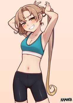 1girl absurdres adjusting_hair akigumo_(kancolle) armpits arms_up bike_shorts blue_sports_bra blush breasts brown_hair cleavage commentary_request commission green_eyes grin highres kantai_collection long_hair medium_breasts mole mole_under_eye namaata ponytail signature simple_background skeb_commission smile solo sports_bra very_long_hair