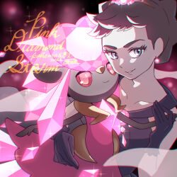 1girl alternate_color black_dress black_gloves black_hair blue_eyes collarbone diamond_(shape) diancie diantha_(pokemon) diantha_(sygna_suit)_(pokemon) dress earrings gem gen_6_pokemon gloves haraya jewelry legendary_pokemon looking_at_viewer mega_diancie mega_pokemon mythical_pokemon nintendo official_alternate_costume pokemon pokemon_(creature) pokemon_masters_ex shiny_pokemon short_hair smile sparkle upper_body