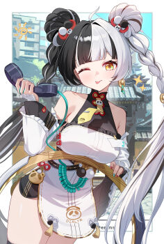 1girl absurdres ahoge animal_print aqua_nails bare_shoulders bear_print black_hair black_shorts blue_sky border braid braided_twintails breasts chakram china_dress chinese_clothes collarbone commentary_request corded_phone cowboy_shot detached_sleeves dialyn_(zenless_zone_zero) double_bun dress earrings hair_bun hair_extensions hair_intakes hair_ornament highres holding holding_phone id_card jewelry long_hair looking_at_viewer medium_breasts moonct multicolored_hair multicolored_nails necktie one_eye_closed outdoors panda_hair_ornament panda_print pelvic_curtain phone red_nails ring_hair_extensions shorts sky solo sparkle sparkling_eyes split-color_hair tongue tongue_out weapon white_border white_hair wire yellow_eyes yellow_necktie zenless_zone_zero