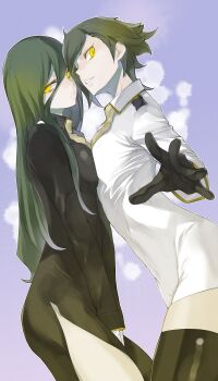 2girls absurdres black_dress black_gloves blue_background breast_press cassandra_ilion collared_dress daphne_lauros dress dungeon_ni_deai_wo_motomeru_no_wa_machigatteiru_darou_ka gloves gold_trim green_hair hand_up highres long_hair long_sleeves looking_at_viewer multiple_girls necktie official_art short_hair side_slit symmetrical_docking teeth thighhighs white_dress white_gloves yasuda_suzuhito yellow_eyes zettai_ryouiki