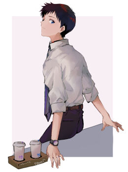 Rule 34 | 1boy, belt, black hair, black pants, blue eyes, border, brown belt, closed mouth, commentary, cup, disposable coffee cup, disposable cup, from behind, highres, ikari shinji, looking at viewer, male focus, necktie, neon genesis evangelion, on table, outside border, pants, shirt, signature, sitting, sleeves rolled up, solo, table, translation request, watch, white border, white shirt, wristwatch, yorumi1117