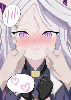 1boy 1girl black_gloves blue_archive blush demon_girl demon_horns gloves highres hina_(blue_archive) horns long_hair purple_eyes sensei_(blue_archive) uirou_(uirou2024) white_hair