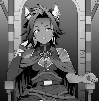 1girl animal_ears asymmetrical_gloves bindi cat_ears cleavage_cutout clothing_cutout commentary earrings female_focus gloves greyscale hiroya_juuren hoop_earrings jewelry looking_at_viewer monochrome rwby sienna_khan solo throne tiger_ears uneven_gloves