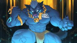 Rule 34 | 1boy, abs, animal ears, bara, blue fur, blue hair, brawl stars, broken, broken sword, broken weapon, bulge, buzz (brawl stars), canyne khai, chain, cowboy shot, fangs, forked eyebrows, glowing, glowing eyes, gold armlet, gold chain, highres, holding, holding chain, loincloth, male focus, muscular, muscular male, navel, official alternate costume, short hair, signature, solo, sword, tail, thick arms, thick thighs, thighs, topless male, veins, veiny arms, weapon, weapon in mouth, wolf boy, wolf ears, wolf tail