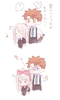 >_< 1girl :3 adoptive_siblings black_dress blush brother_and_sister brushing_another's_hair brushing_hair brushing_own_hair chibi commentary_request dress emiya_shirou fate/stay_night fate_(series) hair_brush highres illyasviel_von_einzbern looking_at_another machi_(uqyjee) necktie open_mouth orange_hair red_eyes shirt siblings smile