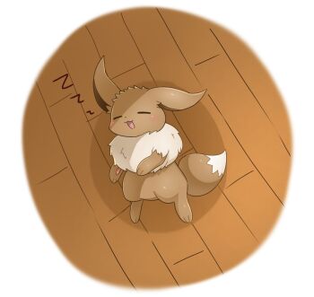 Rule 34 | 1other, blush stickers, border, brown background, closed eyes, cosmos3572, eevee, gen 1 pokemon, indoors, lying, nintendo, no humans, on stomach, open mouth, pokemon, pokemon (creature), round border, shadow, sleeping, solo, white background, white border, wooden floor, zzz