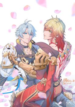 Rule 34 | 2boys, antenna hair, arm tattoo, armlet, armor, back tattoo, black choker, black coat, black shirt, blonde hair, blue eyes, braid, choker, clawed gauntlets, coat, commentary request, earrings, falling petals, gold earrings, gold necklace, gradient hair, highres, honkai: star rail, honkai (series), jewelry, male focus, medium hair, multicolored hair, multiple boys, mydei (honkai: star rail), neck tattoo, necklace, open clothes, open coat, parted bangs, pauldrons, petals, phainon (honkai: star rail), red hair, red tattoo, shirt, short hair, shoulder armor, side braid, single pauldron, sun symbol, sun tattoo, tan, tattoo, twitter username, white coat, white hair, yaoi, yellow eyes, zht 2k