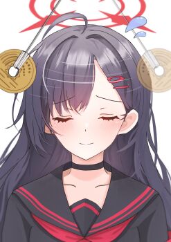 1girl absurdres afterimage ahoge black_choker black_hair black_sailor_collar black_shirt blue_archive blush choker closed_eyes closed_mouth coin coin_on_string commentary_request eyelashes facing_viewer failure flying_sweatdrops furrowed_brow hair_behind_ear hair_between_eyes hair_intakes hair_ornament hairclip halo highres himmel_gewalt ichika_(blue_archive) long_hair motion_lines neckerchief parallel_hairclips pov red_halo red_neckerchief sailor_collar school_uniform serafuku shirt simple_background smile solo split_mouth straight_hair upper_body very_long_hair white_background you're_doing_it_wrong