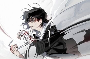 1girl bandage_in_mouth bandaged_arm bandages black_eyes black_hair black_jacket blood blood_on_hands bloody_bandages bob_cut clenched_teeth collared_shirt commentary english_commentary furrowed_brow han_sooyoung hinizana jacket korean_commentary motion_lines omniscient_reader&#039;s_viewpoint red_pupils shirt short_hair solo teeth upper_body white_shirt wrapping