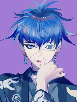 1boy blue_eyes blue_hair bowknot_huhu bridge_piercing earrings eyebrows eyepatch face_piercing hand_up highres japanese_clothes jewelry lip_piercing long_sleeves looking_at_viewer male_focus messy_hair omokage_yugamu one_eye_covered open_mouth piercing solo solo_focus the_hundred_line_-last_defense_academy- tongue tongue_out upper_body