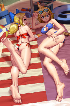 2girls ass beach_mat beach_umbrella bikini blonde_hair blue_bikini blue_eyes bow breasts cleavage cleavage_cutout clothing_cutout eyewear_on_head feet grin hair_bow highres innertube large_breasts looking_at_viewer looking_back low_twintails lying lyoung0j midriff multiple_girls navel on_stomach one-piece_swimsuit red_bikini red_eyes seductive_smile shantae_(series) shantae_and_the_pirate&#039;s_curse short_hair side-tie_bikini_bottom smile striped_bikini striped_clothes striped_one-piece_swimsuit swim_ring swimsuit tankini the_pose twintails twitch_(shantae) umbrella vinegar_(shantae) wayforward