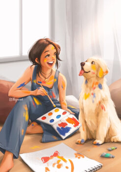 1girl arm_on_knee barefoot blue_overalls brown_hair commentary curtains facing_viewer full_body golden_retriever highres holding holding_paint_palette holding_paintbrush holding_paint_palette instagram_username jewelry laughing looking_at_animal medium_hair naked_overalls necklace original overalls paint paint_on_body paint_on_clothes paint_on_hands paint_palette paint_splatter paint_splatter_on_face paint_tube paintbrush painting_(action) painting_(object) paint_palette peijinyang pillow sitting sketchbook solo teeth tongue tongue_out upper_teeth_only window