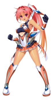 1girl armpits bare_shoulders black_gloves blush boots breasts chest_jewel clenched_hands exs-tia_sol full_body game_cg gloves gluteal_fold gradient_hair hair_ornament headgear kamitsurugi_ouka knee_boots kouyoku_senki_exs-tia_concert large_breasts large_variant_set legs_apart leotard long_hair looking_at_viewer magical_girl miniskirt multicolored_hair non-web_source official_art one-piece_tan oosumi_kanon open_mouth orange_hair orange_skirt pink_eyes pink_hair pleated_skirt ponytail red_eyes red_hair skirt solo standing tachi-e tan tanline transparent_background variant_set