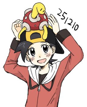 1boy :d arms_up backwards_hat black_hair black_shirt commentary dated ethan_(pokemon) gen_2_pokemon grey_eyes hat highres jacket long_sleeves male_focus nintendo on_head open_mouth pokemon pokemon_(creature) pokemon_hgss pokemon_on_head red_jacket shirt short_hair shuckle simple_background smile tan_carbonnn white_background