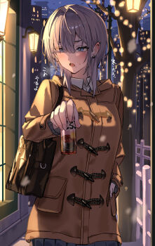 Rule 34 | 1girl, averting eyes, bag, bare tree, black skirt, blue eyes, blush, breath, brown coat, can, coat, commentary request, duffel coat, ear piercing, earrings, embarrassed, grey hair, hair intakes, hand in pocket, handbag, highres, holding, holding can, jewelry, long sleeves, looking to the side, mole, mole under eye, nao (naoooo a), night, open mouth, original, outdoors, piercing, pleated skirt, pov, short hair, shoulder bag, skirt, solo, translation request, tree, v-shaped eyebrows, wing collar, winter