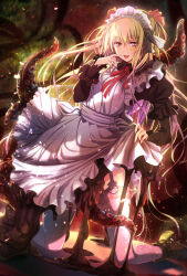 Rule 34 | 1girl, apron, black dress, blonde hair, boots, commentary request, corruption, dress, garter straps, highres, kneeling, lace, lace-trimmed thighhighs, long hair, looking at viewer, maid, maid apron, maid headdress, naughty face, original, purple eyes, solo, suction cups, tentacles, thighhighs, tongue, tongue out, ueda metawo