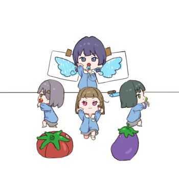 4girls aged_down black_hair blue_hair blue_shirt blunt_bangs blunt_ends braid brown_hair center-flap_bangs commentary_request crayon drawing_(object) drawn_wings grey_hair grey_skirt hajimari_no_haneoto highres holding kachimachi_kosuzu katsuragi_izumi kindergarten_uniform link!_like!_love_live! long_sleeves love_live! momose_ginko multiple_girls murano_sayaka nasu-san_(love_live!) shirt short_hair side_braids simple_background skirt stuffed_eggplant stuffed_tomato stuffed_toy sunkeun tape toddler tomati_(love_live!) virtual_youtuber white_background