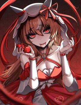 1girl absurdres animal_ears bare_shoulders blood blood_on_face bow breasts brown_hair cannibalism cleavage collarbone commentary detached_sleeves dress ear_covers ear_ribbon english_commentary hair_between_eyes heart_(organ) highres holding holding_heart_(organ) horse_ears horse_girl large_breasts long_hair looking_at_viewer mikuneki red_dress red_eyes red_ribbon ribbon smile solo still_in_love_(scarlet_vow_raiment)_(umamusume) still_in_love_(umamusume) umamusume veil white_streaks white_veil