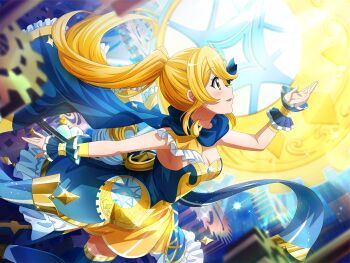 1girl blonde_hair blue_cape blue_dress blush breasts cape cleavage dress from_side game_cg gears hand_up long_hair official_art ootsuki_aruru parted_lips ponytail shoujo_kageki_revue_starlight shoujo_kageki_revue_starlight_-re_live- sidelocks solo tarot the_moon_(tarot) upper_body yellow_eyes