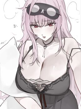 1girl absurdres alternate_costume bare_shoulders black_choker black_mask black_nightgown blush breasts choker cleavage collarbone double_strap_slip ewn highres holding holding_pillow hololive hololive_english jewelry lace-trimmed_nightgown large_breasts long_hair looking_at_viewer mask mask_on_head messy_hair mori_calliope mori_calliope_(sleepwear) nightgown nightgown_lift official_alternate_costume open_mouth pillow pink_eyes pink_hair red_eyes simple_background skull_choker skull_collar sleep_mask sleepwear solo virtual_youtuber white_background