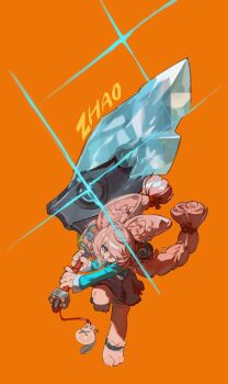 absurdres animal_ear_piercing animal_ears animal_feet bright_pupils furry hair_over_eyes hashibiro_kou_(garapiko_p) highres holding holding_weapon ice one_eye_covered orange_background pink_eyes pink_fur pink_hair rabbit_ears rabbit_girl screw weapon white_pupils zenless_zone_zero zhao_(zenless_zone_zero)