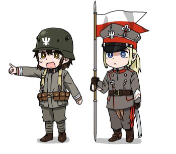 Rule 34 | 2girls, anyan (jooho), belt, blonde hair, blue eyes, boots, brown eyes, brown hair, chevron (symbol), combat helmet, commentary request, flag, hat, helmet, holding, insignia, jacket, korean commentary, military, military dress uniform, military hat, military jacket, military uniform, multiple girls, original, poland, polish flag, ponytail, simple background, white background