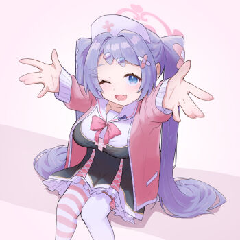 1girl arms_up black_dress blue_archive bow bowtie breasts commentary_request crossed_bandaids dress fang frilled_dress frills hair_ornament hairclip halo hanae_(blue_archive) hat highres jacket long_hair long_sleeves mismatched_thighhighs nurse_cap open_mouth pale_skin pill_hair_ornament pink_bow pink_bowtie pink_halo pink_jacket purple_hair pznp3427 sailor_collar sailor_dress short_dress simple_background sitting skin_fang smile solo solo_focus striped_clothes striped_thighhighs thighhighs twintails very_long_hair white_sailor_collar