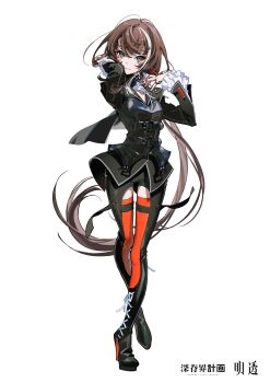 1girl ahoge black_boots black_coat blush boots breasts brown_hair character_request closed_mouth coat copyright_request eyelashes full_body green_eyes highres jewelry kamitsubaki_studio long_hair long_sleeves looking_at_viewer medium_breasts nail_polish ponytail red_nails ring simple_background sinsekai_record smile solo standing very_long_hair virtual_youtuber white_background yoneyama_mai