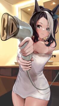 Rule 34 | 1girl, absurdres, animal ears, bathroom, black hair, blush, breasts, closed mouth, commentary request, cowboy shot, grey eyes, hair bun, hair dryer, highres, holding, holding hair dryer, horse ears, horse girl, indoors, large breasts, mejiro ramonu (umamusume), mole, mole under eye, multicolored hair, naked towel, solo, streaked hair, towel, umainu 2002, umamusume, white hair