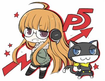 Rule 34 | 10s, 1girl, cat, chibi, female focus, flat color, glasses, headphones, jacket, long hair, mask, morgana (persona 5), nejikirio, orange hair, persona, persona 5, purple eyes, sakura futaba, solo, white background
