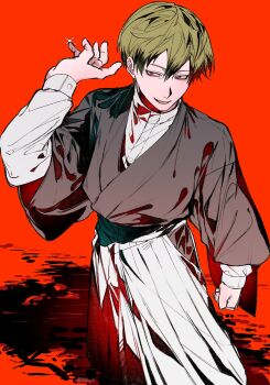 Rule 34 | 1boy, black hair, blonde hair, colored tips, commentary request, feet out of frame, highres, ikaooi1, japanese clothes, jujutsu kaisen, male focus, multicolored hair, open mouth, red background, solo, standing, twitter username, two-tone hair, zen'in naoya