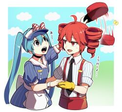 Rule 34 | ahoge, apron, black eyes, black necktie, blue dress, blue hair, bug, butterfly, commentary request, cowboy shot, dress, drill hair, gloves, hat, hatsune miku, highres, holding, holding clothes, holding hat, insect, kasane teto, long hair, mesmerizer (vocaloid), necktie, open mouth, puffy short sleeves, puffy sleeves, red eyes, red hair, sato (r017xts117), sharp teeth, shirt, short sleeves, smile, striped clothes, striped shirt, suspenders, sweat, teeth, tongue, tongue out, translated, twin drills, twintails, unworn hat, unworn headwear, utau, very long hair, vocaloid, white apron, yellow gloves