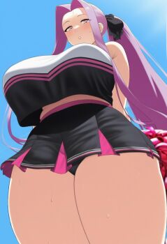 breasts cheerleader fate/stay_night fate_(series) highres large_breasts long_hair medusa_(fate) miniskirt mizuwarinatto panties ponytail skirt sweat thighs underwear