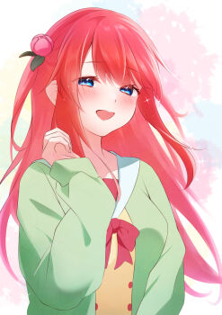 1girl absurdres blue_eyes blush bow breasts cardigan flower green_jacket hair_flower hair_ornament hand_up highres jacket long_hair long_sleeves looking_at_viewer medium_breasts open_mouth rain_re_a re:zero_kara_hajimeru_isekai_seikatsu red_bow red_hair sailor_collar smile solo sparkle theresia_van_astrea upper_body