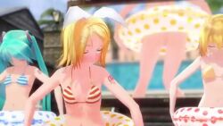 3d 3girls accidental_exposure akita_neru animated aqua_hair assisted_exposure audible_music bare_legs barefoot bikini bikini_top_only blonde_hair blush bottomless dancing embarrassed exhibitionism feet full_body hair_ribbon hatsune_miku holding holding_swim_ring humiliation innertube kagamine_rin long_hair mikumikudance_(medium) multiple_girls public_indecency ribbon short_hair side-tie_bikini_bottom sound stage standing striped_bikini striped_clothes swim_ring swimsuit toes twintails uep20 very_long_hair video vocaloid white_ribbon yellow_bikini