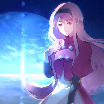 Rule 34 | 1girl, dress, female focus, fingerless gloves, gloves, hand on own chest, headband, hoshi wo miru hito, long hair, lowres, misa (hoshi wo miru hito), night, night sky, pink hair, romancing stella visor, sky, smile, solo, sunakumo