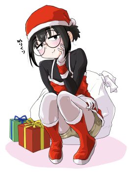 1girl black-framed_eyewear black_eyes black_hair blush boots christmas commentary_request freckles gift glasses gloves grin hat highres jimiko original pantyhose pantyhose_under_shorts round_eyewear sack santa_hat short_hair shorts smile solo stggc undershirt white_gloves white_pantyhose